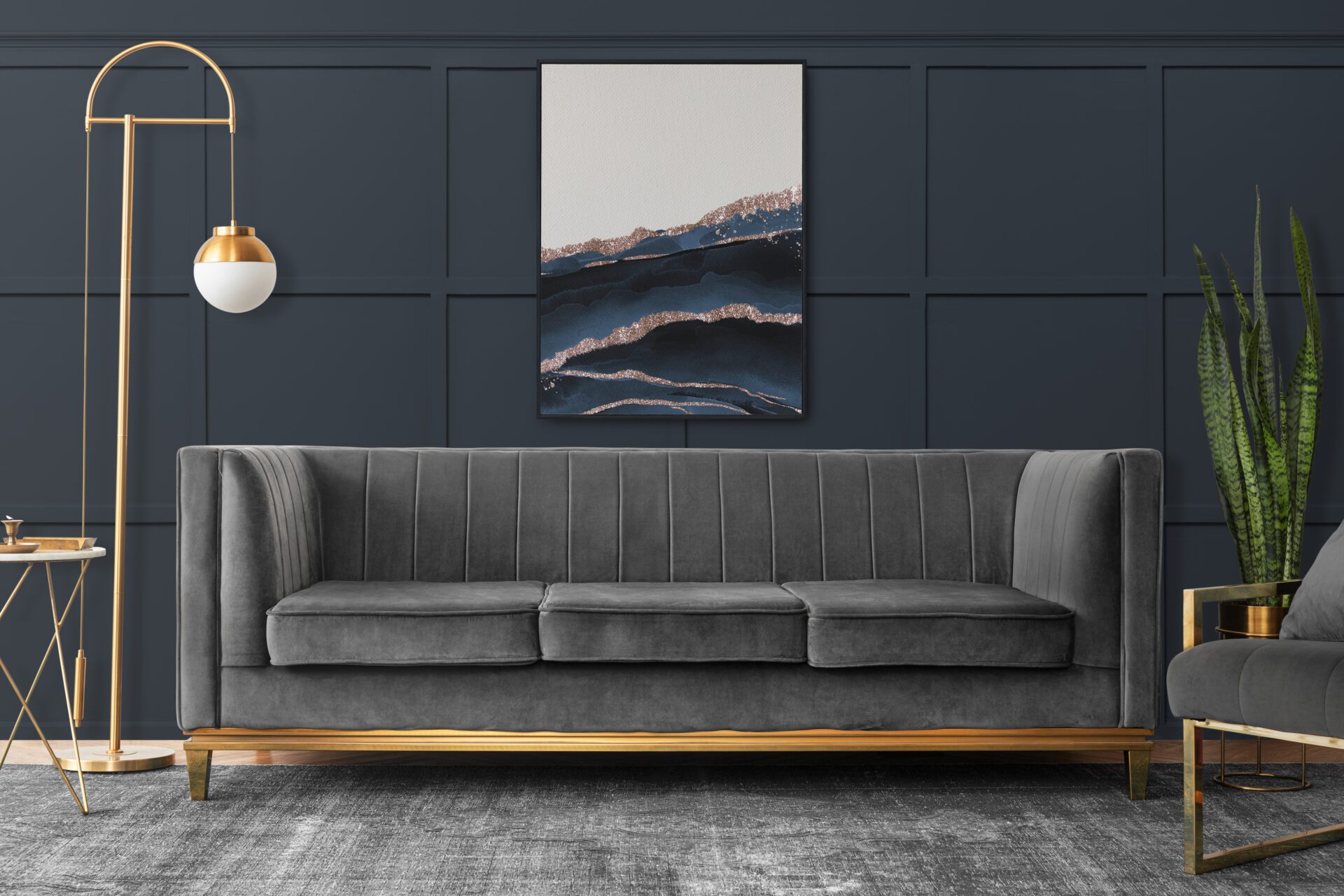 Chic modern luxury aesthetics style living room in gray tone Gray sofa in living room interior with copy space, 3D rendering